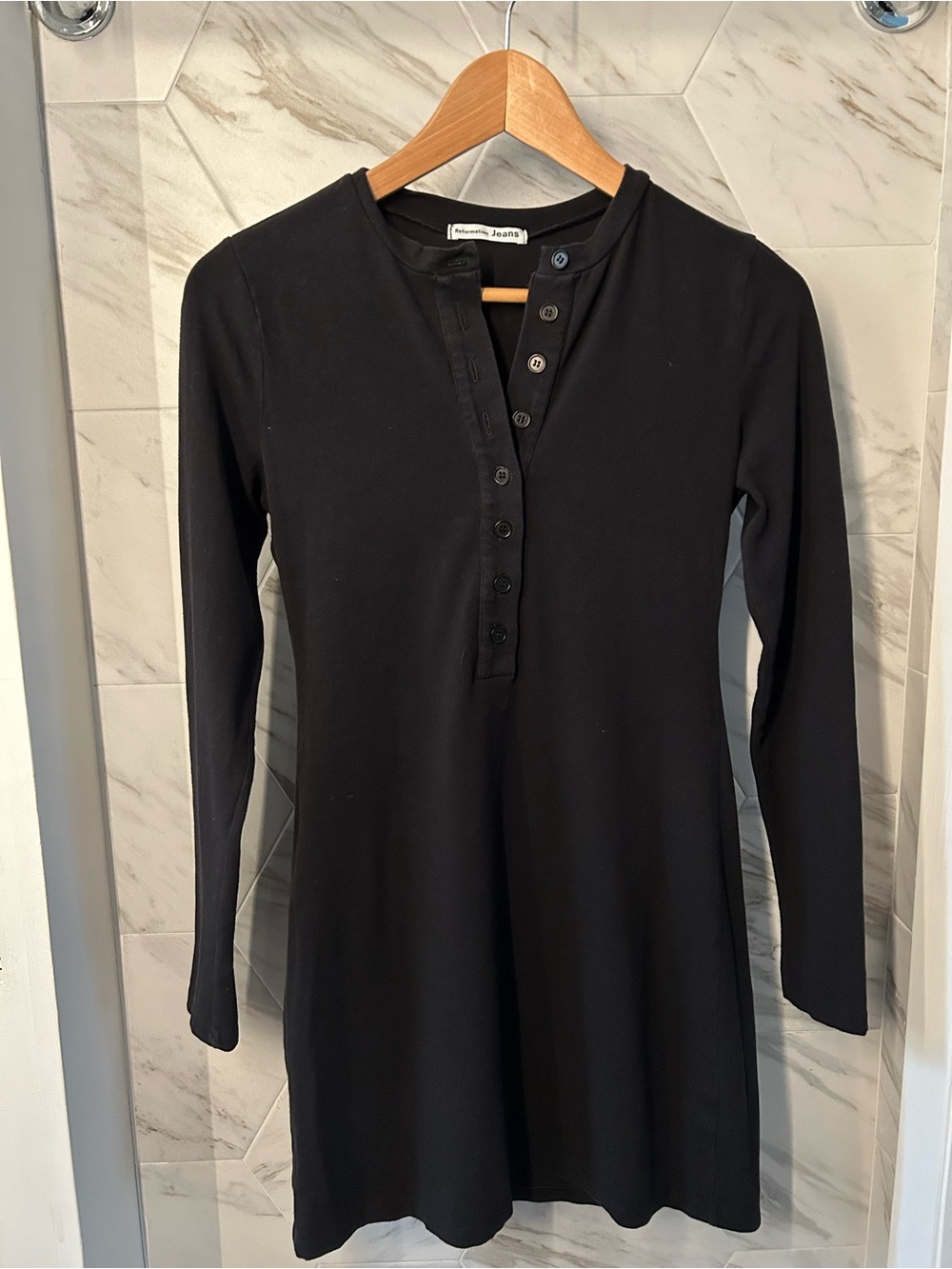 Reformation Black Long-Sleeve Henley Dress